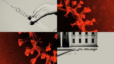 graphic combining a hand holding a syringe, a virus and a building into four quadrants