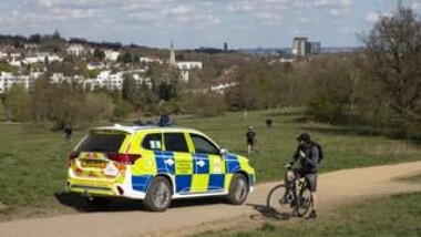 Car stopped on a dirt road through a park with a bicycle rider riding up the road