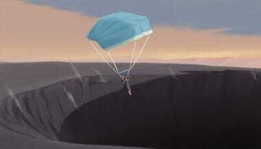 Illustration of a person in a graduation cap and gown parachuting into a crater