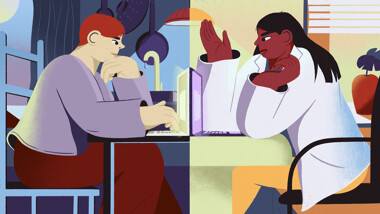 Illustration of a person chatting with a doctor via computer