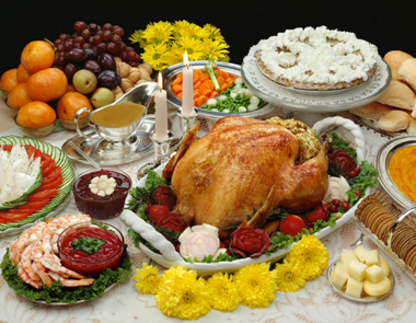 Turkey dinner with many sides on a table