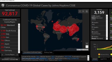 Global map with red dots showing coronavirus