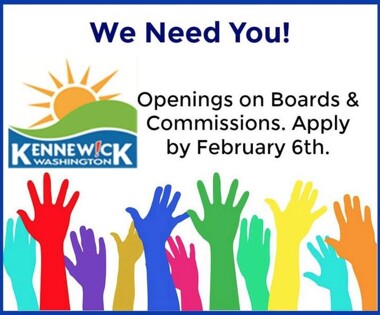 Graphic with City of Kennewick logo and multicolored hands raised advertising openings on Kennewick boards and comissions
