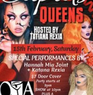 Poster with drag queens on it advertising the Cupids Queens show