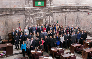 Lage group of people in capital building