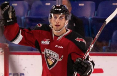 Americans hockey player in red jersey with helmet on holding up hockey stick