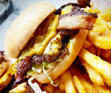 Bacon chesseburger and fries