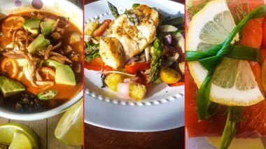 A bowl of food, a plate of food, and a closeup of a lemon wrapped meat