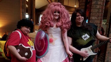 three people at Radcon dressed as Steven Universe, Rose Quartz and Greg Universe