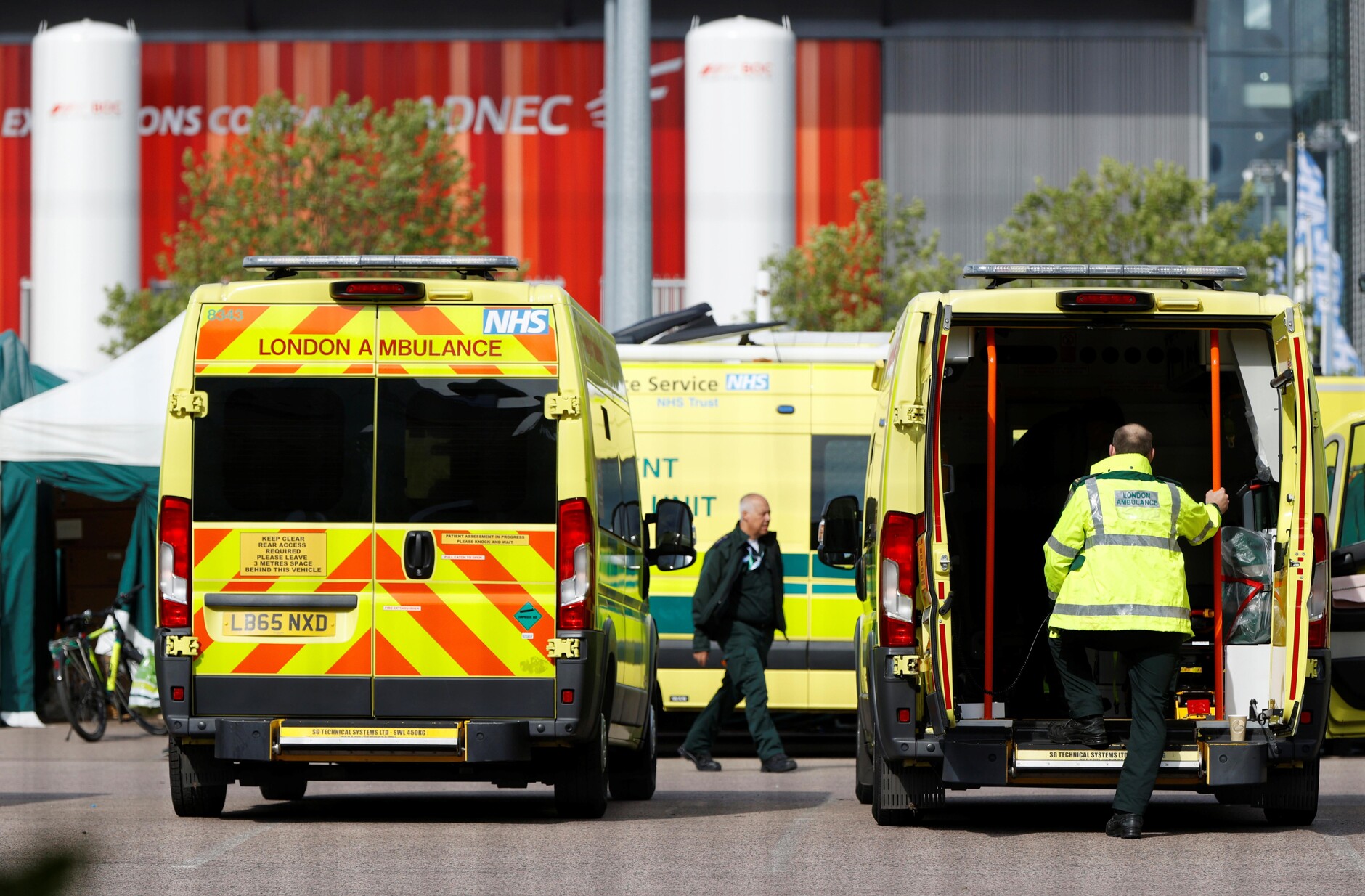 A general view of ambulances and staff outside the NHS Nightingale Hospital at the Excel Centre, following the outbreak of the coronavirus disease (COVID-19), London, Britain