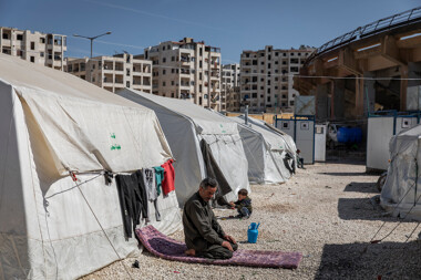 A Syrian man at an emergency shelter in Idlib
