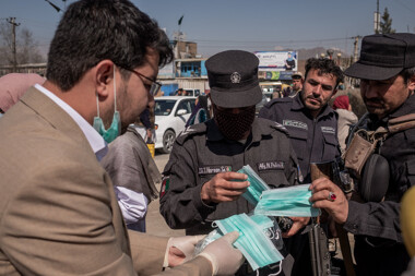 Activists handing out masks, gloves and hand sanitizer in Kabul, Afghanistan