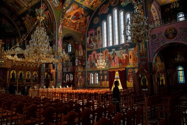 A near-empty Orthodox church during Holy Friday celebrations in Athens.