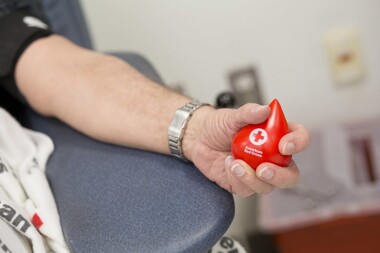 arm outstretched on a chair holding an Americn Red Cross squeeze ball